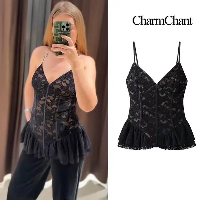 Hauts pour femme dentelle noire à volants Sexy coupe ajustée Corset recadrée Y2k Harajuku mode sans manches Cami haut