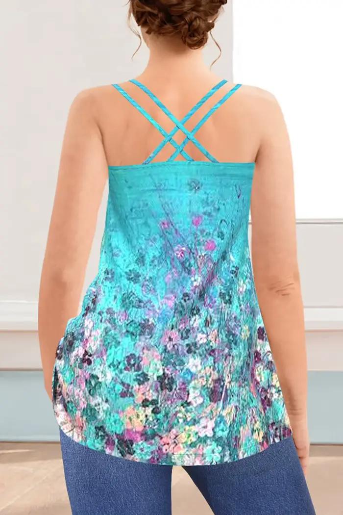 Flycurvy grande taille décontracté Cyan Ombre imprimé fleuri découpé soutien-gorge intégré débardeur