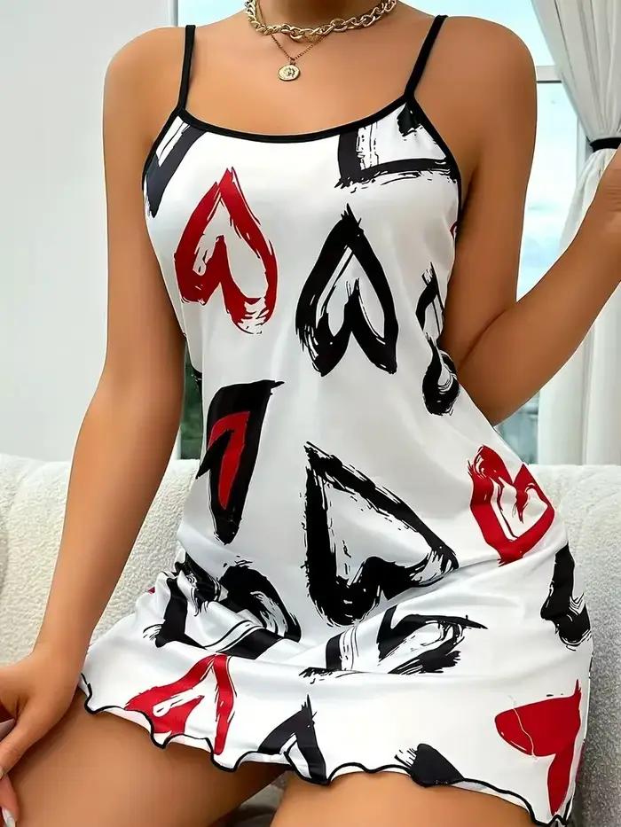 Chemise de nuit noire et blanche imprimée Love pour femmes