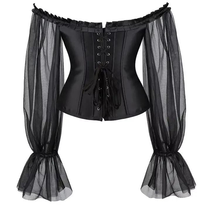 Femmes hors épaule haut Corset gothique Sexy surbuste Corsets gaine amincissante noir transparent à manches longues Bustier hauts Korset Basques