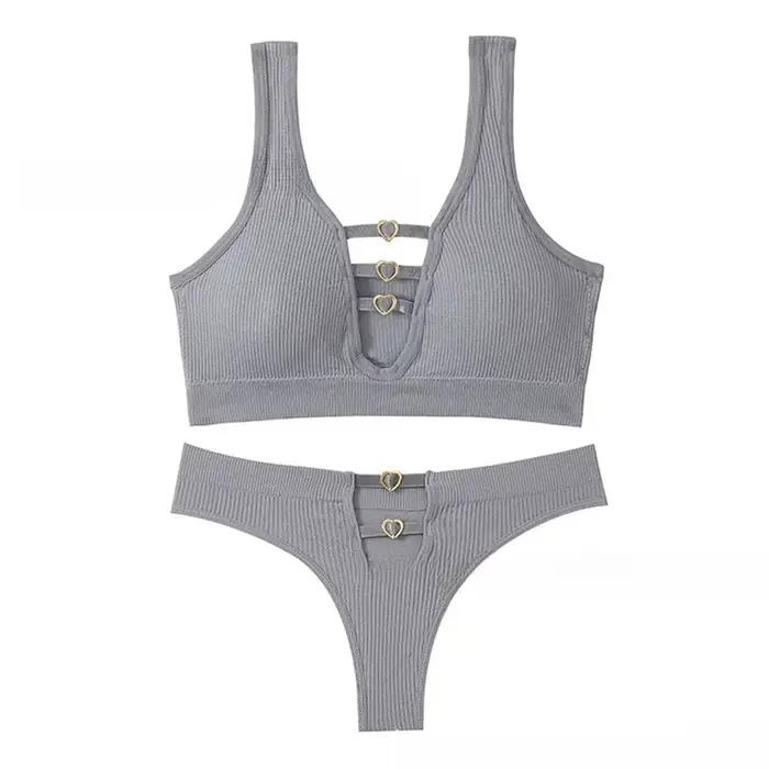 Ensemble soutien-gorge et string push up sexy tricot côtelé avec anneau cœur pour femmes occasions spéciales