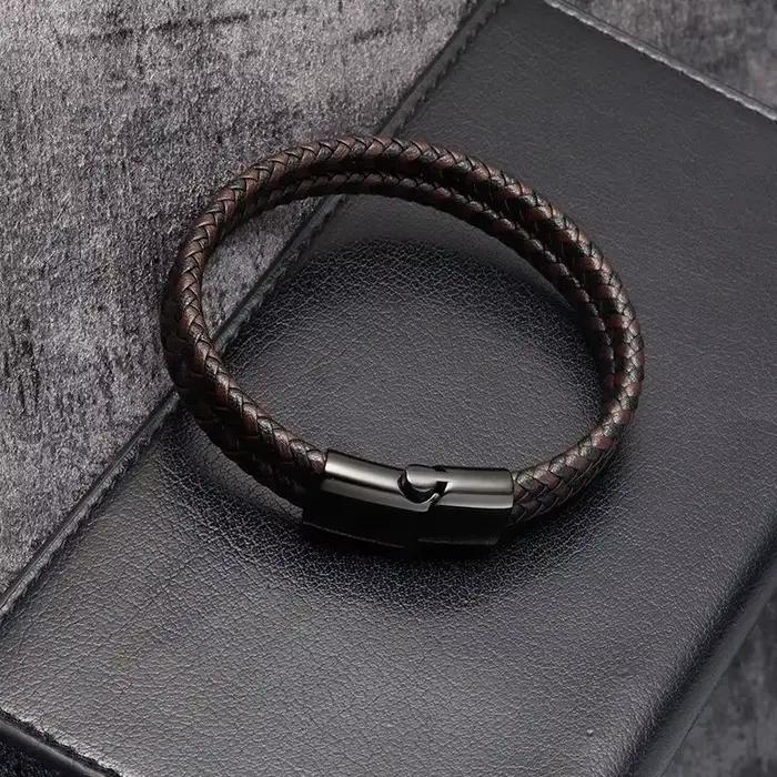 Bracelet en cuir véritable tressé noir et bleu pour hommes, Double bande