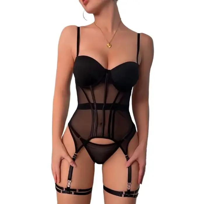 Ensemble de lingerie en maille 3 pièces de luxe pour femme avec body dos nu et collection de robes sexy à jarretelles