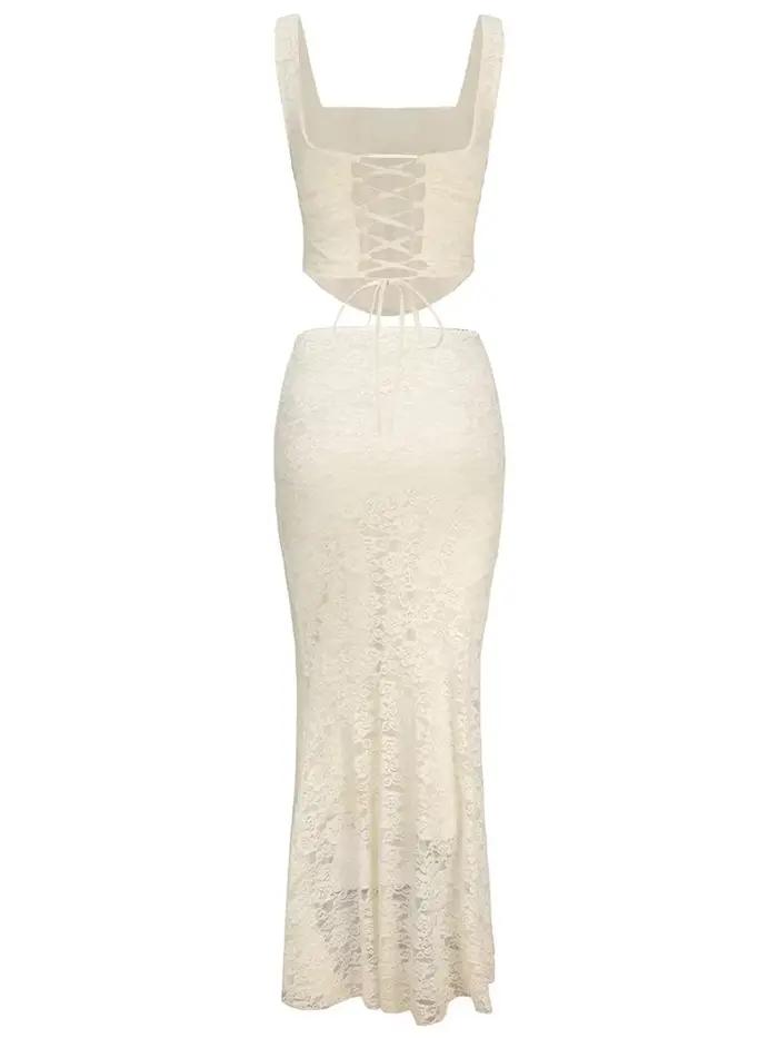 Ensemble 2 pièces jupe longue en dentelle pour femme, patchwork, dos nu, taille haute, maxi à lacets élégant, tenues féminines, mode