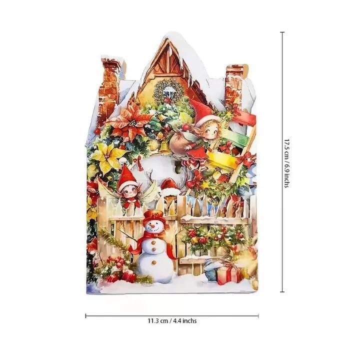 Carte de noël 3D, scène de nuit avant noël avec père noël, renne, Village enneigé et ciel clair de lune, carte de vœux de vacances Festive F