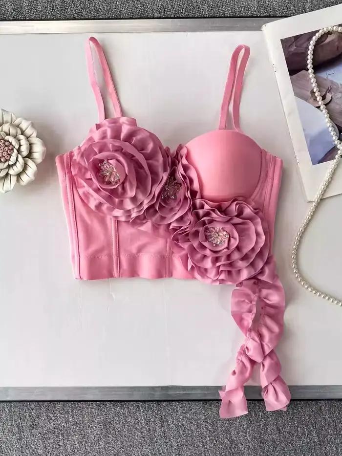 Foamlina européen lourd embelli 3D Floral licou soutien-gorge haut femmes 2025 nouveau ruban fluide arête de poisson
