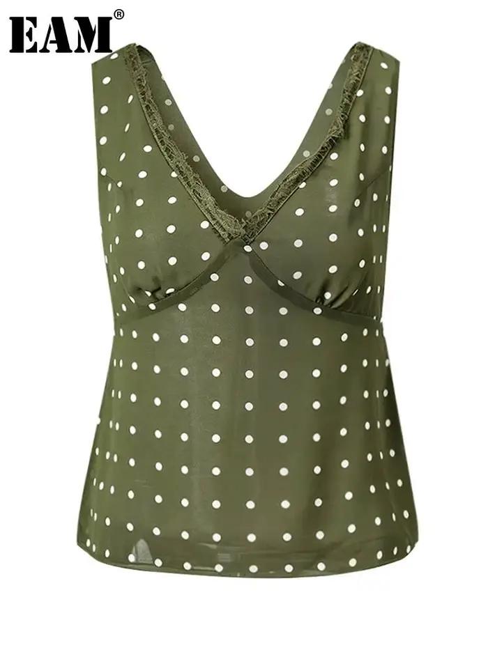 [EAM] Nouveaux débardeurs vintage moulants à pois verts en dentelle pour femmes