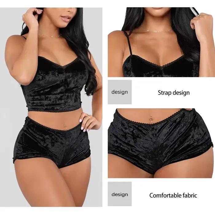 Ensemble de vêtements de nuit à bretelles Sexy pour femmes, ensemble deux pièces en velours noir et doré, ensemble de vêtements de nuit pour la maison