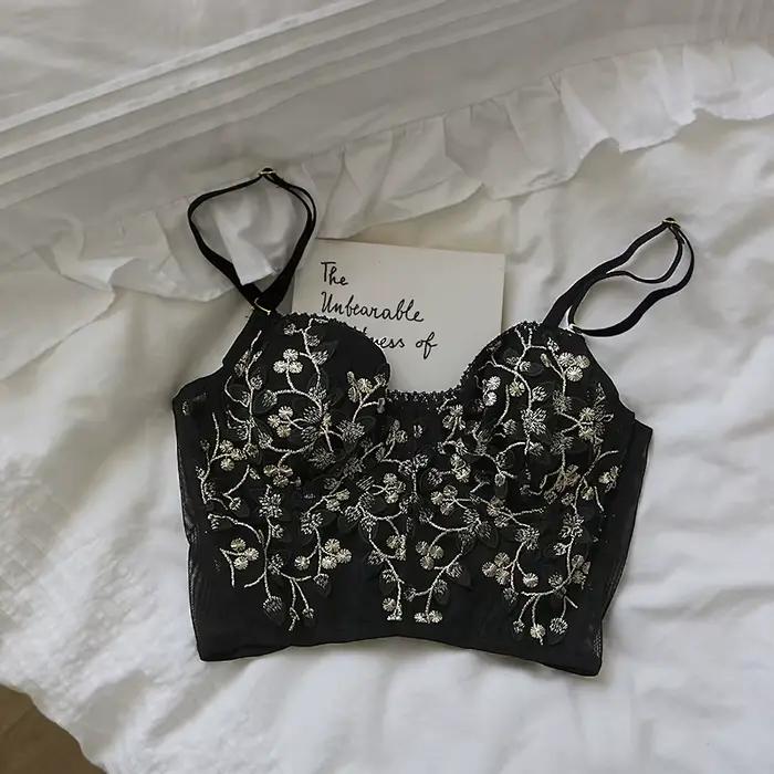 Soutien-gorge brodé 3D sexy en dentelle corset à baleines bras non convertibles tasse trois-quarts nylon lycra polyester elasthanne coton acrylique occasion spéciale lingerie femmes