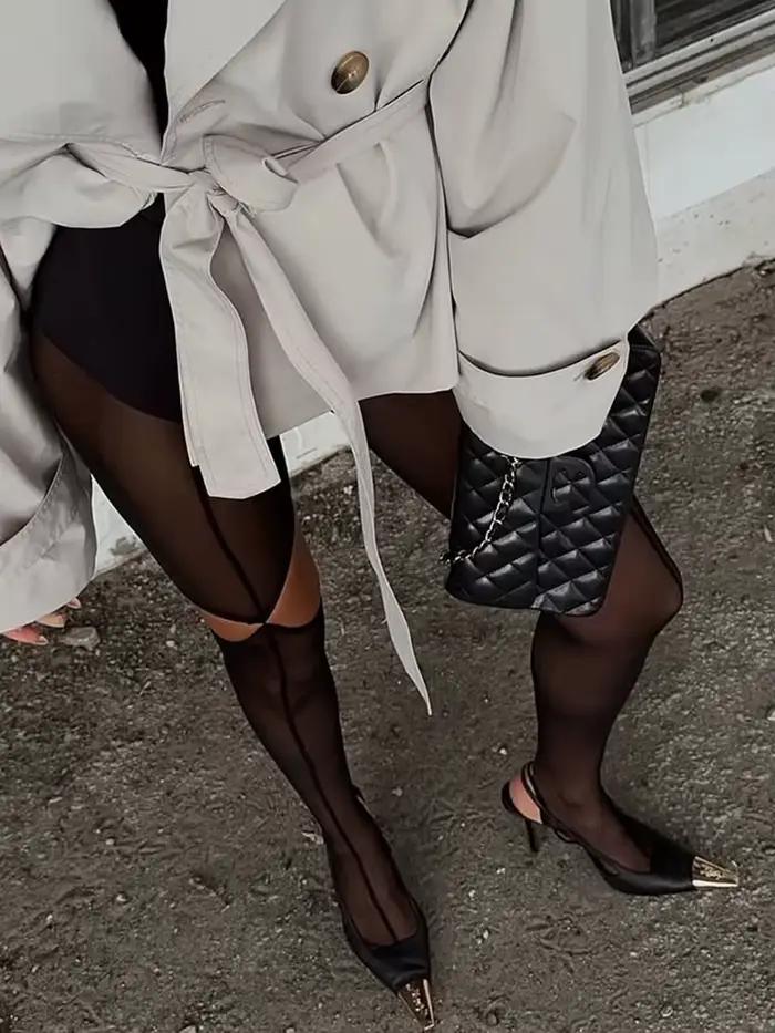 Collants Sexy découpés doublés noirs pour femmes