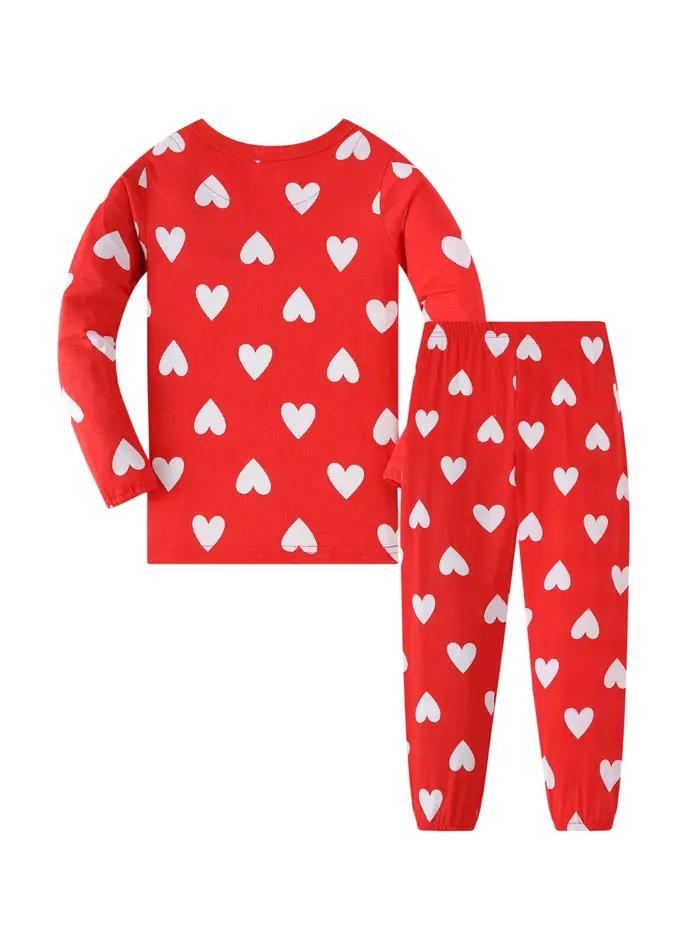 Ensemble pyjama rouge à manches longues et pantalon long en forme de cœur pour filles de 1 à 8 ans, style printemps et automne, vêtements de détente pour enfants en pur coton respirant, combinaison de