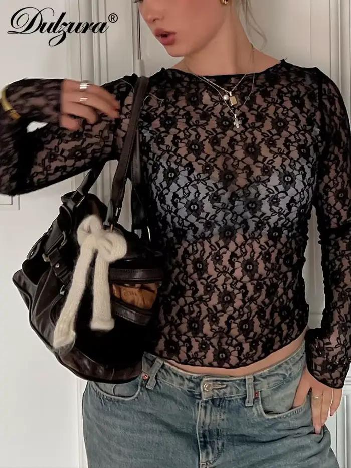 Dulzura manches longues voir à travers la dentelle haut court solide Sexy moulante T-Shirt pour les femmes fête Club printemps été vêtements