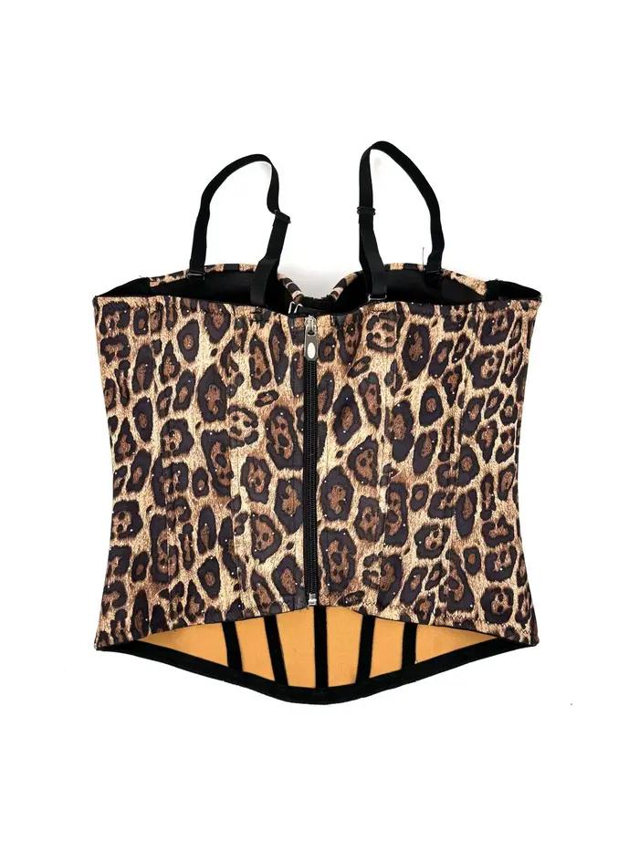 Sexy Crop Top Bustier Imprimé Léopard avec Pierres Thermocollées pour Femme, Idéal Soirées et Événements
