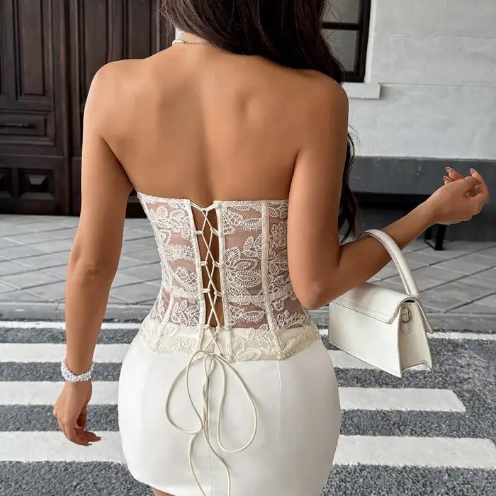 Niche Design couleur abricot brodé os de poisson sangle dos nu dentelle conception dames bustier tubulaire Corsets pour les femmes