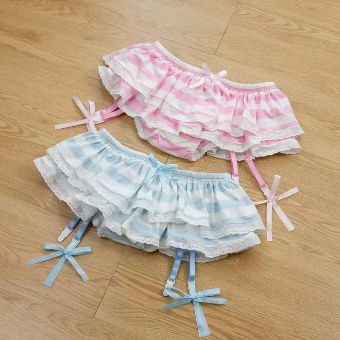 100% coton bleu rose et blanc rayure femmes fille jarretière culotte Mini jupe Anime Cosplay mignon