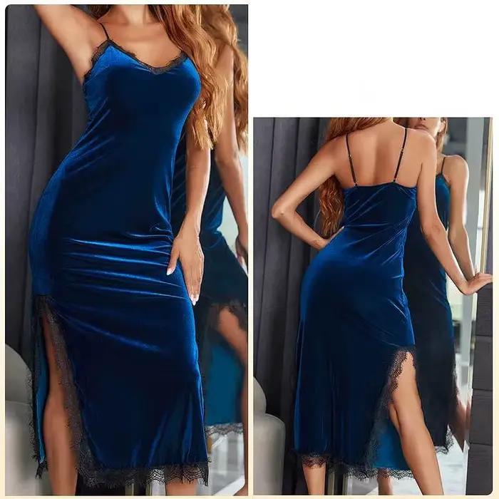 Chemise de nuit pour femme en velours doré avec dentelle sans manches pour nuits romantiques et soirs de printemps