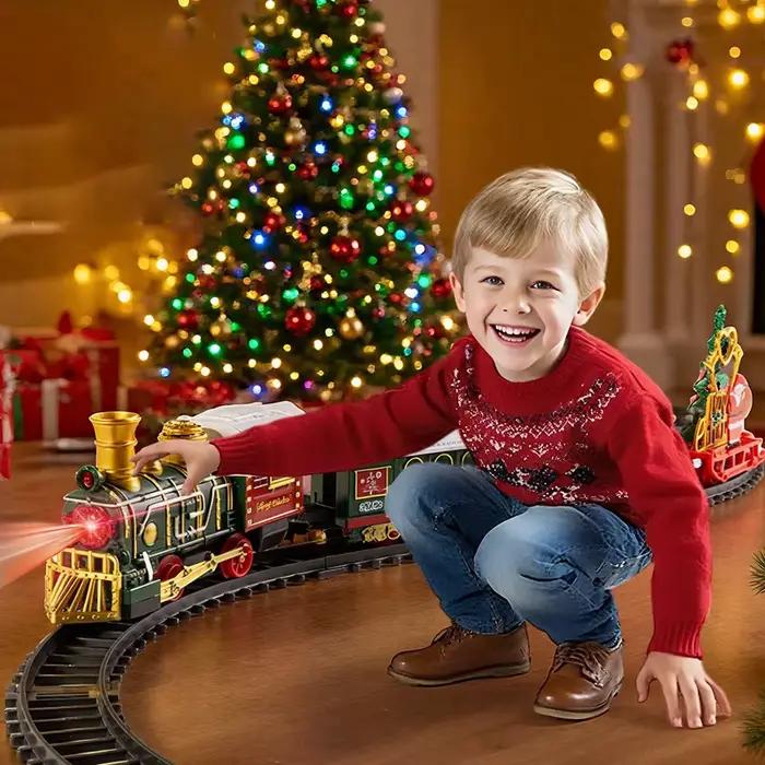Train électrique jouet rétro avec musique et lumière, ensemble de rails, modèle ferroviaire de Noël, jouets de décoration de fête, cadeau pour adulte