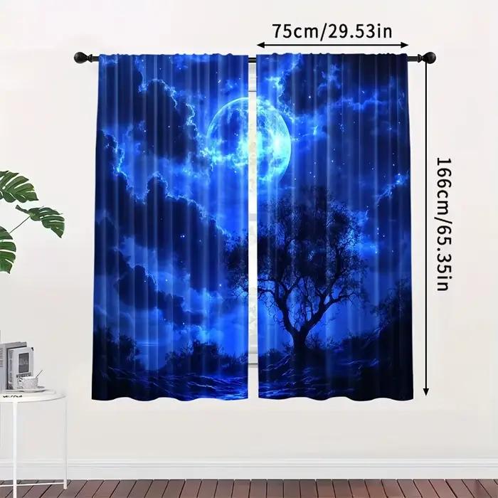 Rideaux Bleus Ciel Nocturne Pleine Lune, Rideaux Bleus Foncés Imprimés Paysage Mystique Nuageux Étoilé pour Chambre, Salon, Bureau, Maison