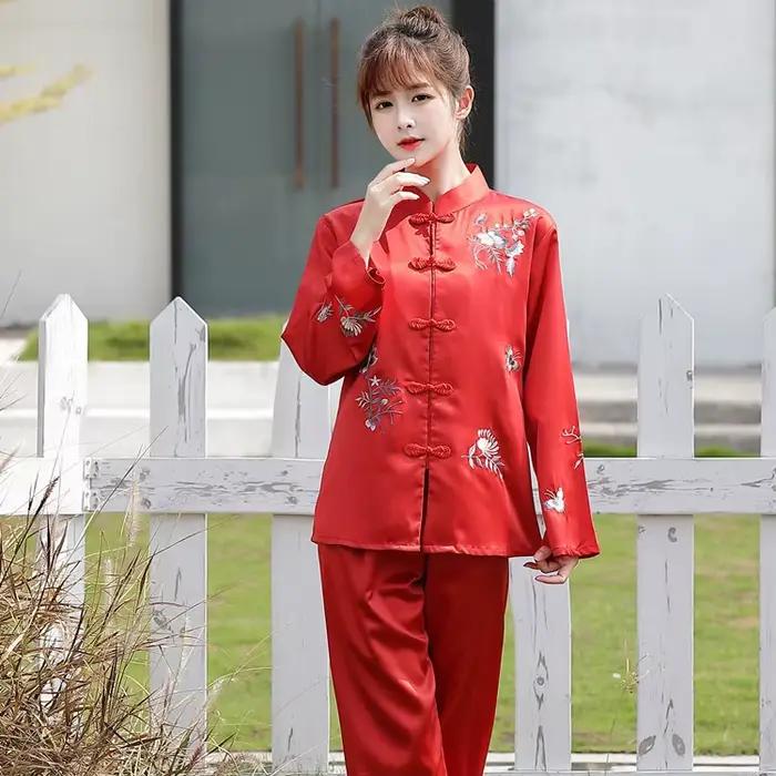 Pritning fleur chinois pyjamas ensemble de sommeil chemise pantalon col montant vêtements de nuit 2 pièces broderie
