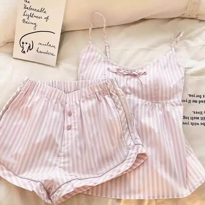Ensemble de pyjama mignon et doux à nœud papillon, sans manches, coupe ample, deux pièces, bretelles spaghetti, vêtements de nuit, tenue d'intérieur