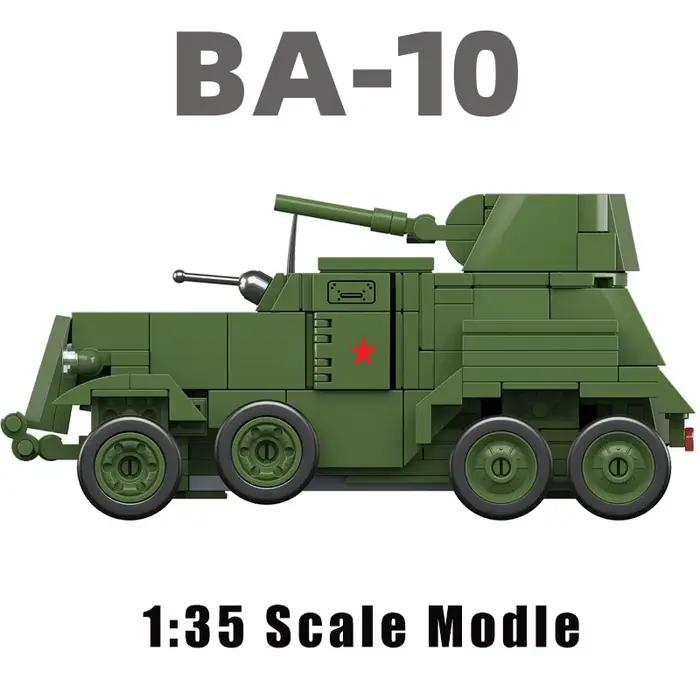 Blocs de construction de véhicules blindés lourds rétro BA-10, échelle 1:35, briques MOC, modèle d'exposition, cadeau pour adolescents et fans militaires
