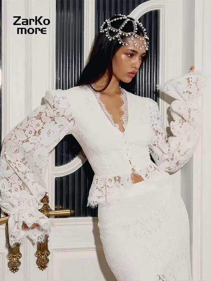 Ensemble 2 pièces jupe et chemise en dentelle pour femme, haut court à manches longues bouffantes et col en V, jupe longue sirène, tenue de soirée élégante, nouveauté 2026