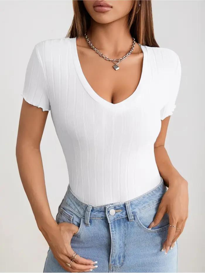 Combinaison en tricot côtelé pour femme, col en V profond, manches courtes, poignets à volants, coupe ajustée, combinaison basique Y2K, tenue décontractée pour tous les jours