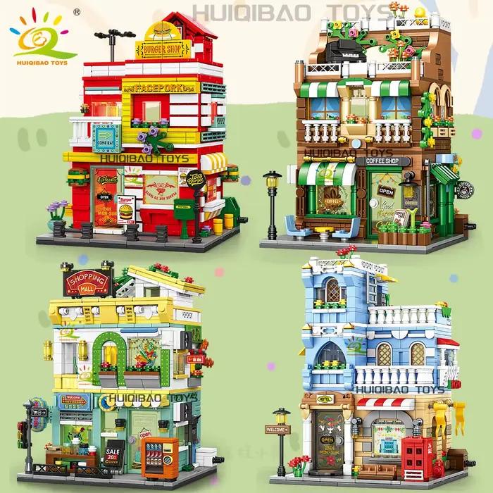 HUIQIBAO City Street View supermarché café Burger Shop hôtel modèle blocs de construction bricolage Architecture briques jouets cadeau adulte