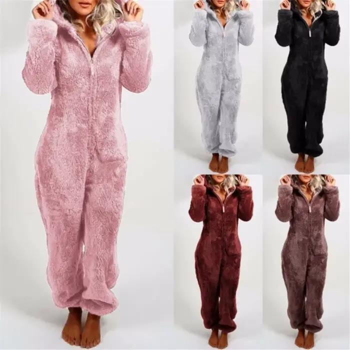 Femmes polaire Oneseies fermeture éclair à capuche Pyjamas barboteuses vêtements de nuit confortables