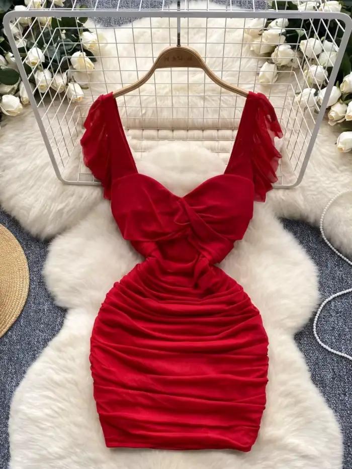 Foamlina robe de soirée Club femmes 2025 mode d'été solide col en V manches volantes taille haute plissée maille