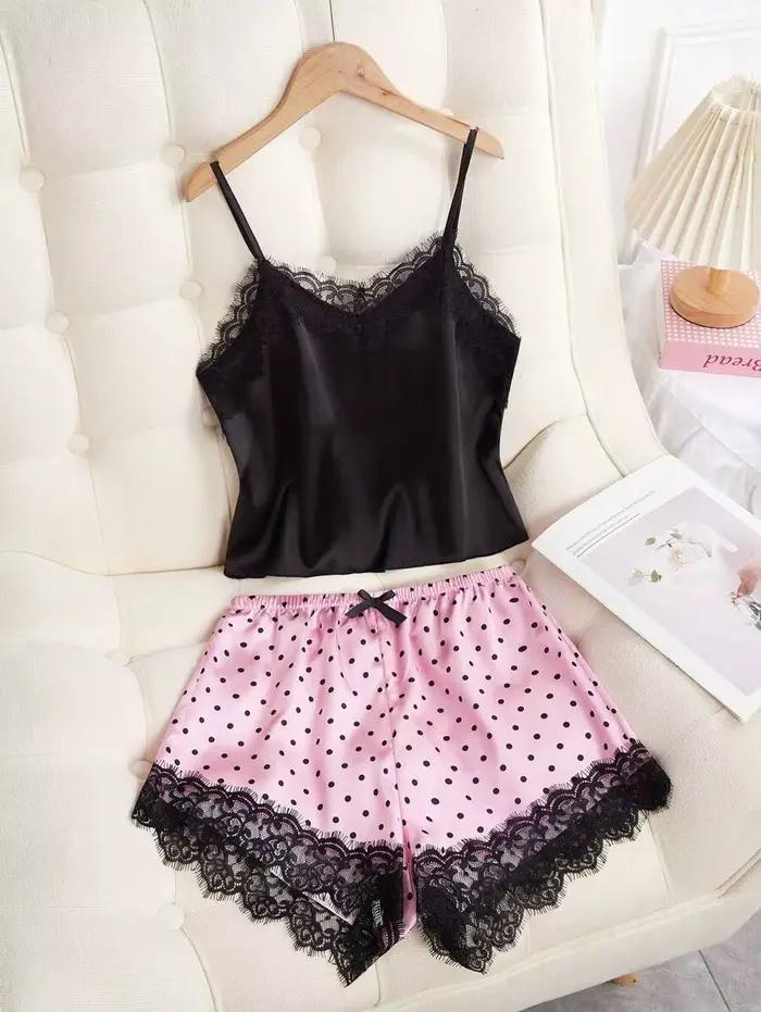 2 pièces pyjama costume femmes mode col en v Stretch Satin dentelle Sexy Lingerie nœud papillon pyjamas ensemble short et haut rose et point rond vêtements de nuit