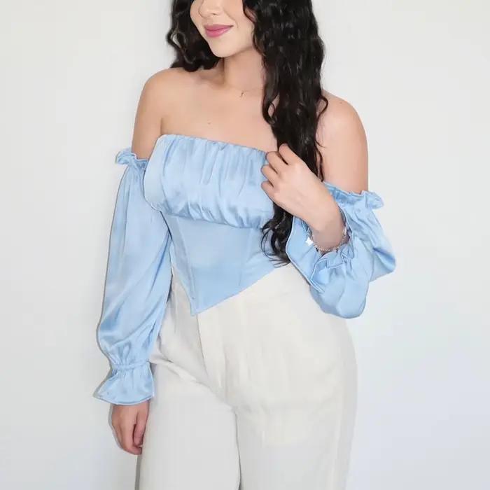 Haut court en satin bleu ciel clair sans bretelles avec manches longues, tenue formelle pour femmes, couleur et taille personnalisées