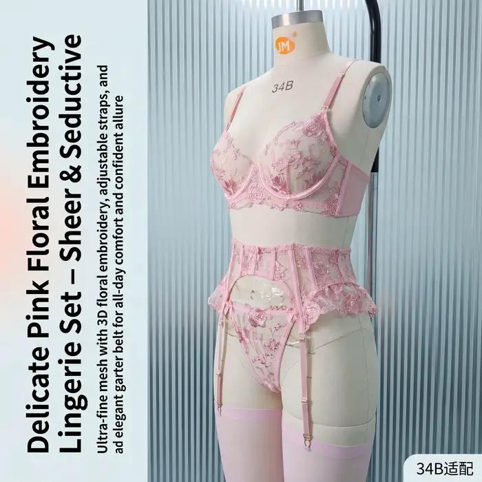 Ensemble de lingerie 3 pièces rose brodé floral