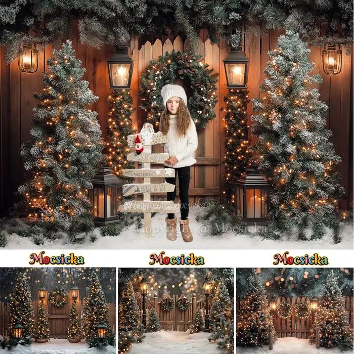Photographie de fond de nuit d'arbre de Noël, clôture en bois rustique, toile de fond de lanterne d'arbre de Noël, scène de neige d'hiver pour enfants, studio photo