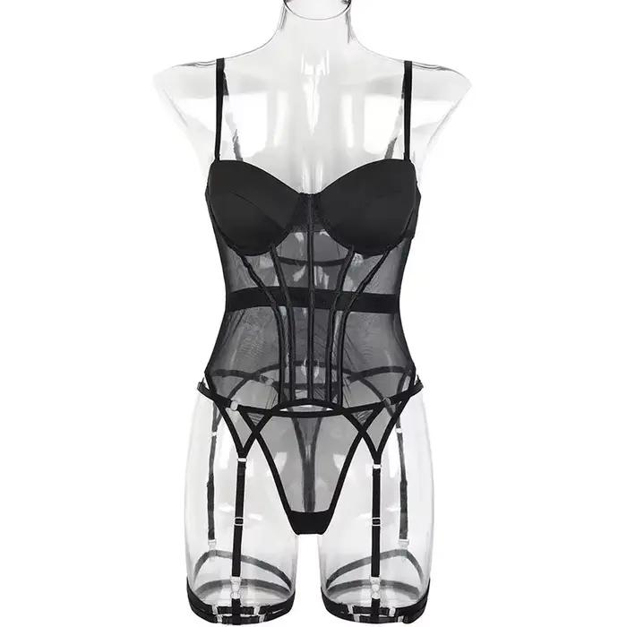 Ensemble de lingerie en maille 3 pièces de luxe pour femme avec body dos nu et collection de robes sexy à jarretelles