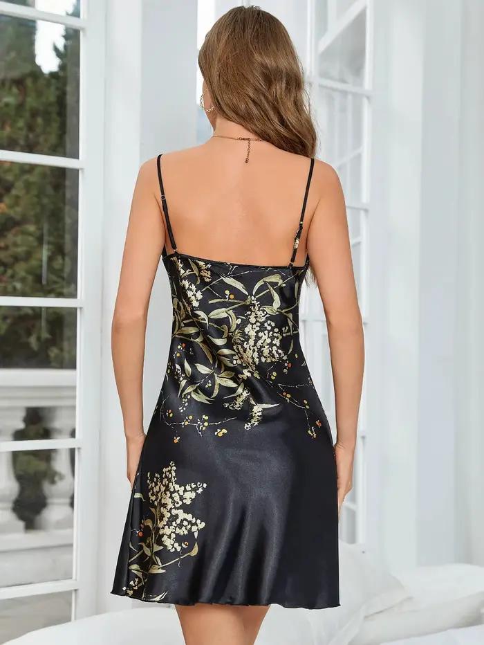 Robe de nuit à imprimé floral pour femmes, sexy, col en V, bretelles spaghetti, vêtements de nuit