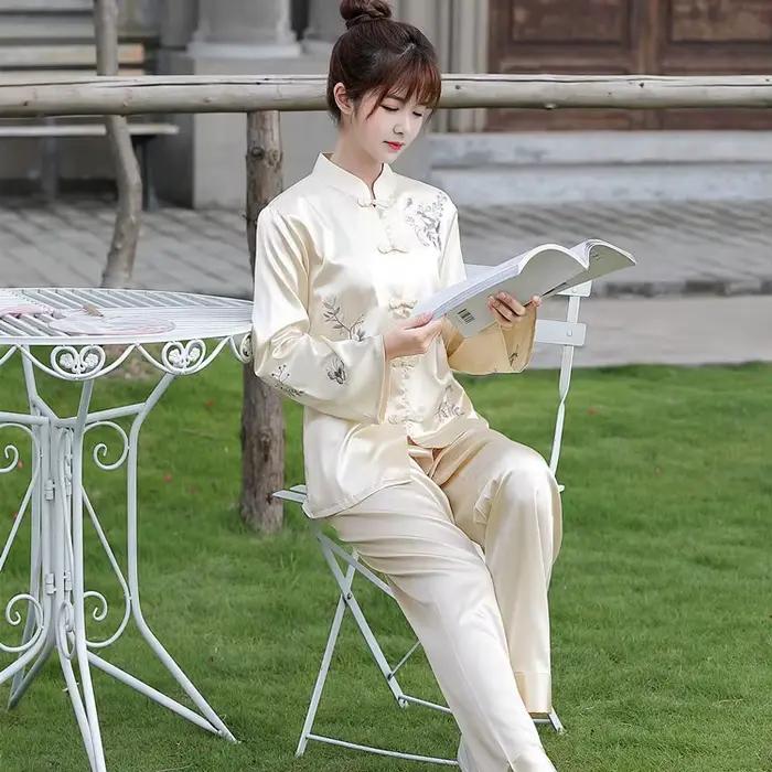 Pritning fleur chinois pyjamas ensemble de sommeil chemise pantalon col montant vêtements de nuit 2 pièces broderie