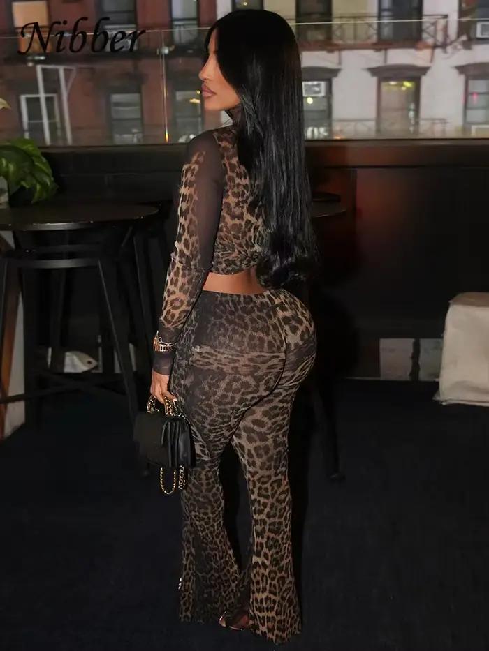 Nibber Sexy 2 Pièce Ensemble Femmes Voir À Travers Minuit Partie Plein Manches Crop Tops + Pantalon Correspondant Clubwear Skinny Automne Tenues