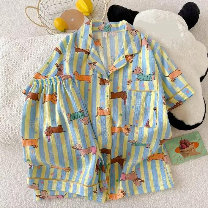Pyjama Kawaii à rayures étoiles pour femmes imprimé chien col rabattu short polyester mode Y2K nouveau été doux mignon vêtements de maison occasions spéciales
