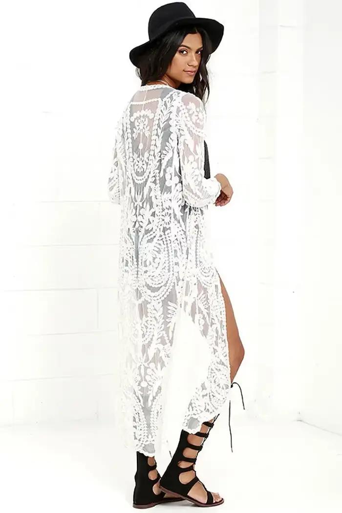 TEELYNN-Longue chemise en dentelle blanche pour femme, blouse de plage, cover-up, Industries ong, broderie florale, kimono sexy, cardigan d'été