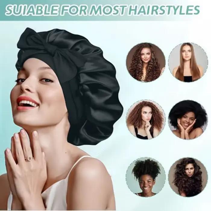 Bonnet de nuit en satin de soie pour femmes, bonnet de sommeil à large bord avec bande élastique, couleur unie, anti-frisottis