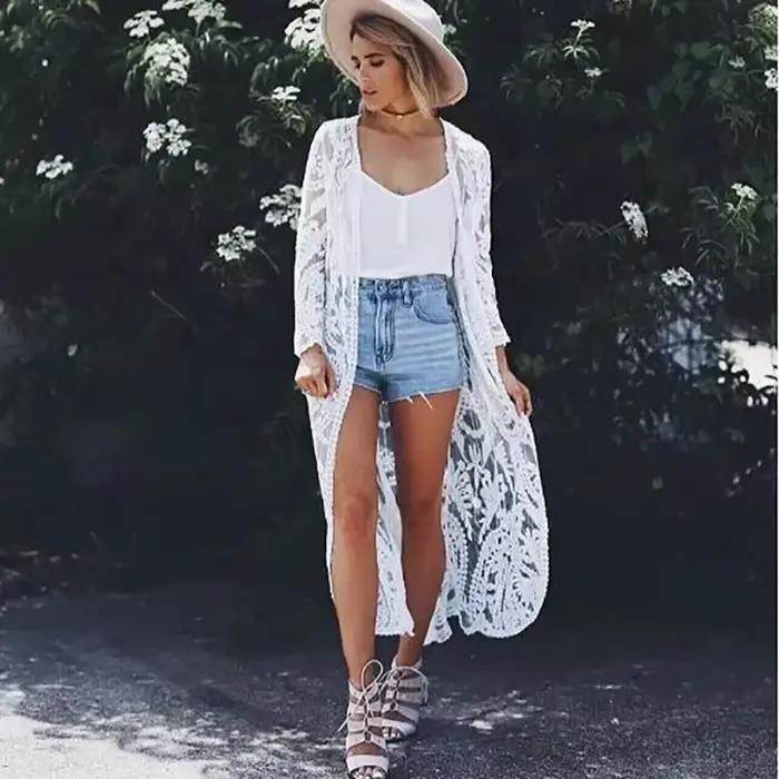 TEELYNN-Longue chemise en dentelle blanche pour femme, blouse de plage, cover-up, Industries ong, broderie florale, kimono sexy, cardigan d'été