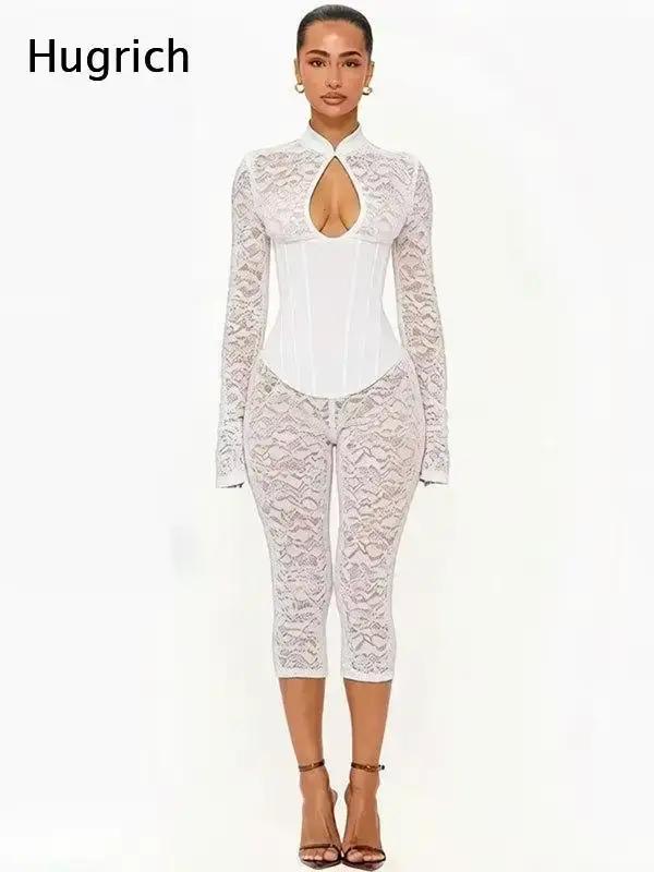 Ensemble body en dentelle à manches longues et pantalon capri pour femme - Combinaison à col montant et découpe en forme de clé pour les soirées en boîte, les fêtes ou les sorties nocturnes