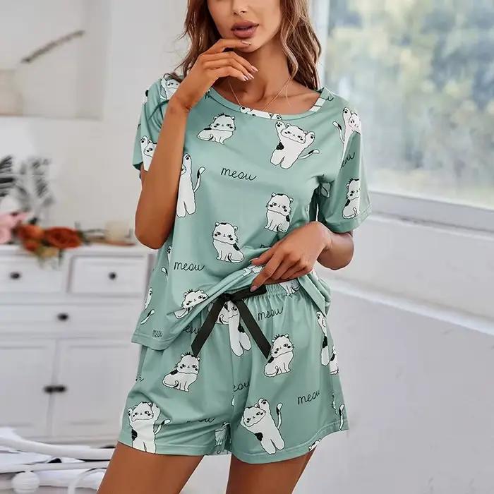 Ensemble pyjama imprimé chat dessin animé pour femme