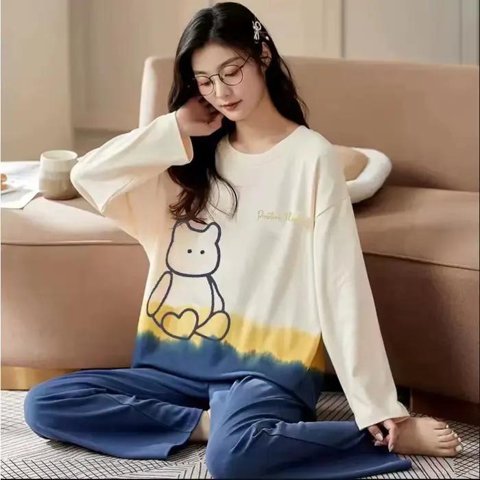 Femmes grande taille pyjamas à manches longues en soie dessin animé étudiants Homewear deux ensembles col rond hauts et pantalons vêtements de nuit vêtements de détente