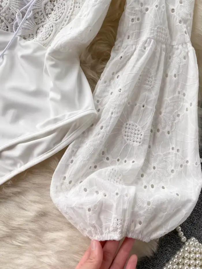 Body femme 2025 été automne Ins dentelle creuse épissé à lacets col en v épaules dénudées lanterne manches Sexy Club