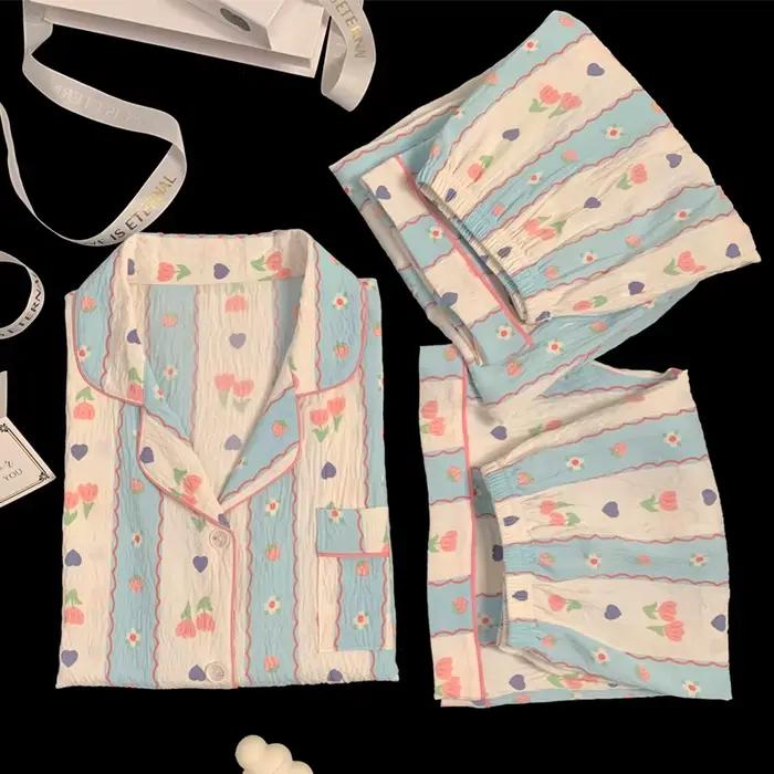 Nouvelle collection printemps/été : pyjamas à rayures de style campagnard pour femmes – ensemble trois pièces à manches courtes pour se détendre à la maison