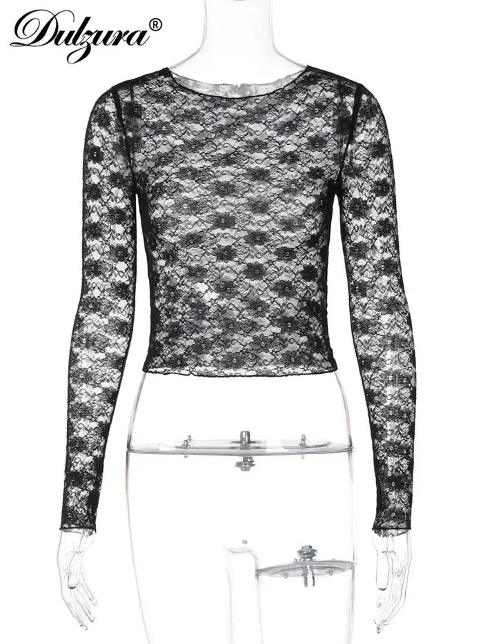 Dulzura manches longues voir à travers la dentelle haut court solide Sexy moulante T-Shirt pour les femmes fête Club printemps été vêtements