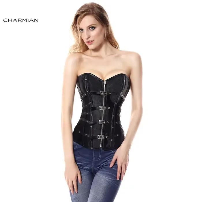 Corset en cuir steampunk Charmian pour femme, sexy, gothique, avec rivets, boucles et fermeture éclair, corset surbuste blindé, grande taille GPVITM