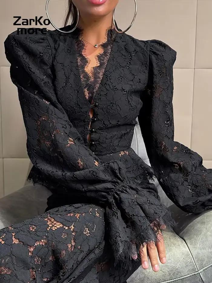 Ensemble 2 pièces jupe et chemise en dentelle pour femme, haut court à manches longues bouffantes et col en V, jupe longue sirène, tenue de soirée élégante, nouveauté 2026